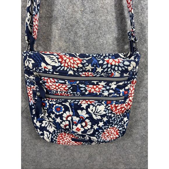 Vera Bradley Triple Zip Cross Body Bag Floral Red/White/ Blue Medium - Picture 2 of 11